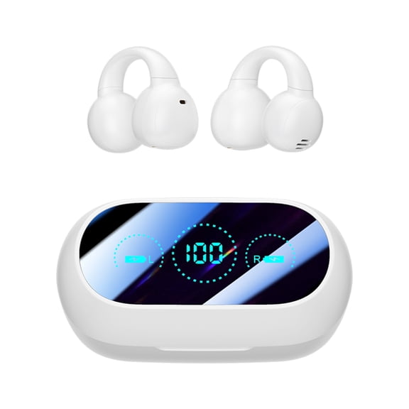 Ear Clip Bluetooth 5.3 Wireless Earbuds,Bone Conduction Open Ear Wear,No Sensation Comfort,HiFi Lossless Sound,Long Endurance,Premium Mirror Shell,LED Digital Display,Graphene Diaphragm Headphones