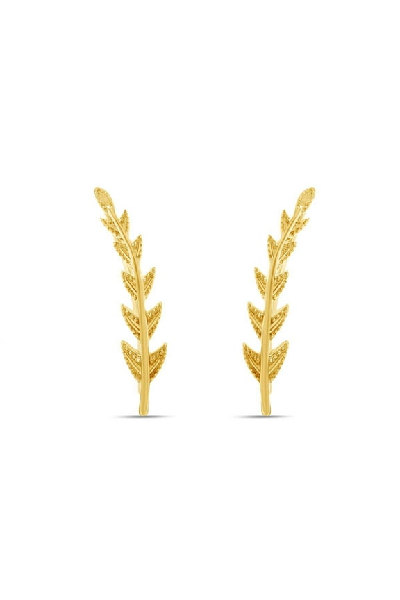 Ear Crawler Cuff Earrings 14k Yellow Gold Over Sterling Silver Ear Climber Studs Olive Leaf Hypoallergenic