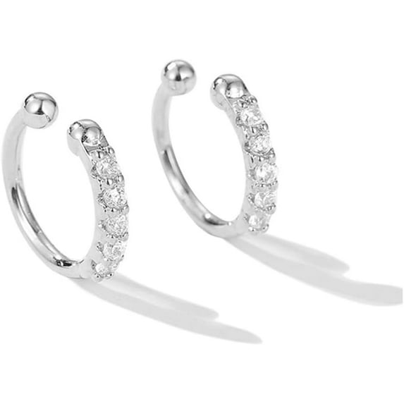 Ear Cuff Clip On Fake CZ Earrings Small Hoop Huggies Sterling Silver Cubic Zirconia No Piercing Cartilage Earring for Women Hypoallergenic Huggie Hoops 10mm Gifts BFF