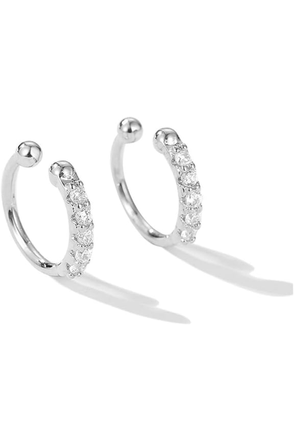 Ear Cuff Clip On Fake CZ Earrings Small Hoop Huggies Sterling Silver Cubic Zirconia No Piercing Cartilage Earring for Women Hypoallergenic Huggie Hoops 10mm Gifts BFF
