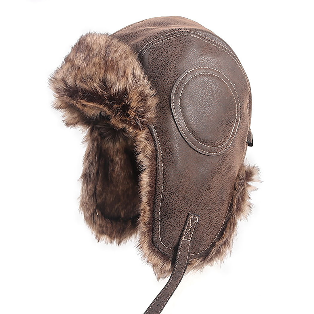Ear Flaps Hat Warm Soft Faux Leather Aviator Cap Trapper Hat for Men Women  