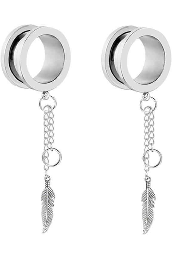 Ear Gauges 2G for Men Stainless Steel Tunnels and Plugs Silver Ear Gauges Inch with Chain and Leaf Pendant Ear Gauges Plugs Silver