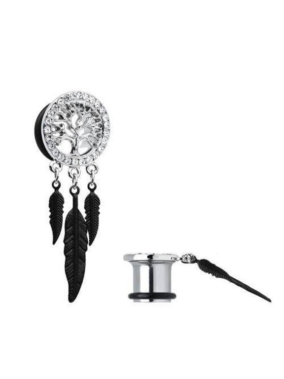 Ear Gauges Dangling Tree Of Life Ear Plugs With CZ Gems Pair