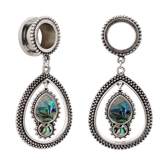 Ear Gauges Pear Dangle Antique Style With Opal 0G-14mm Set Of 2