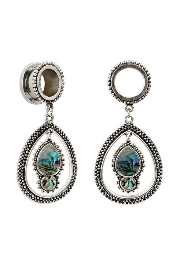 Ear Gauges Pear Dangle Antique Style With Opal 0G-14mm Set Of 2