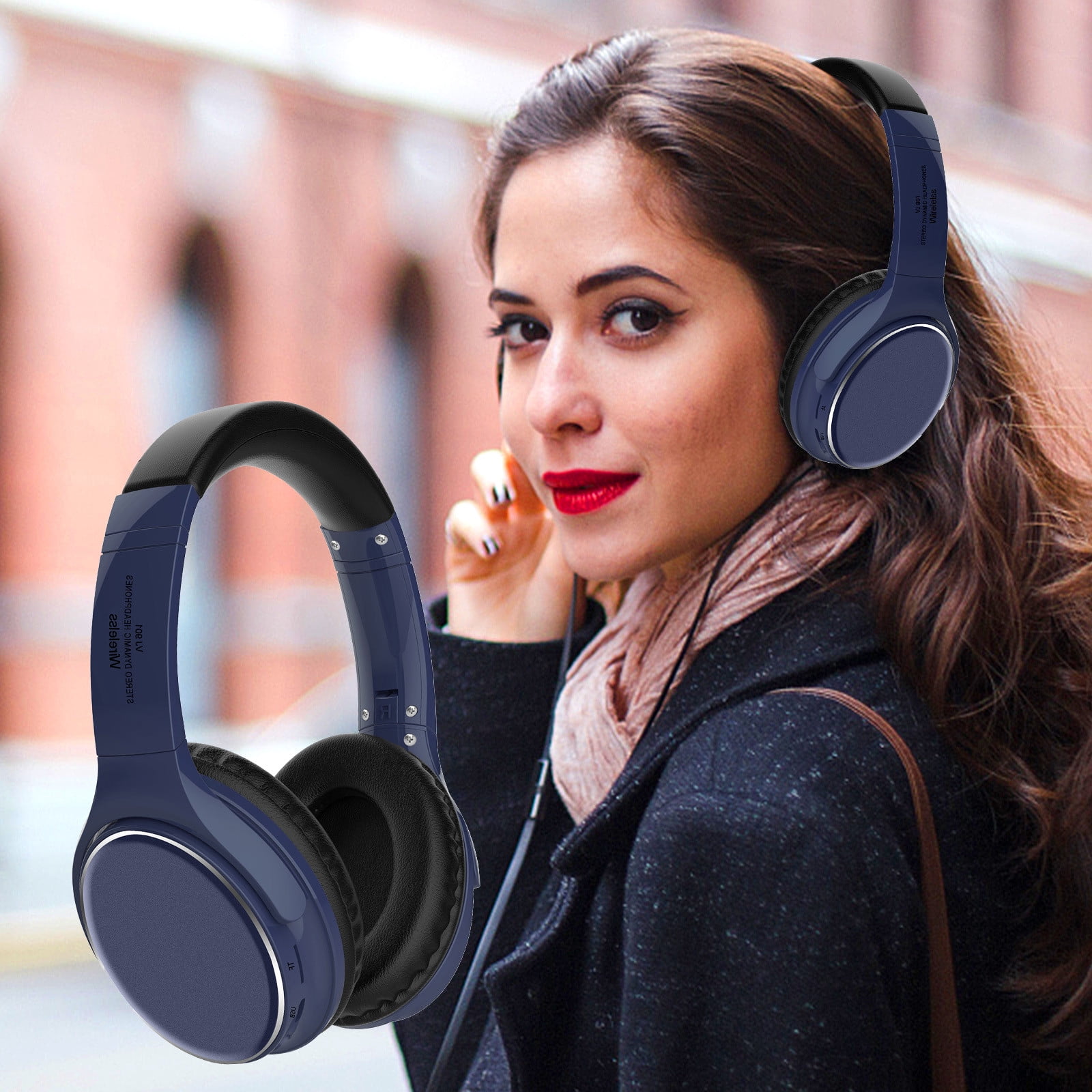 Over Ear Headphones, Wireless Bluetooth Headset with Noise Reduction and Long-Lasting Battery Life Comfortable to Wear Foldable USB/AUX, Headphones for Women(Dark Blue)