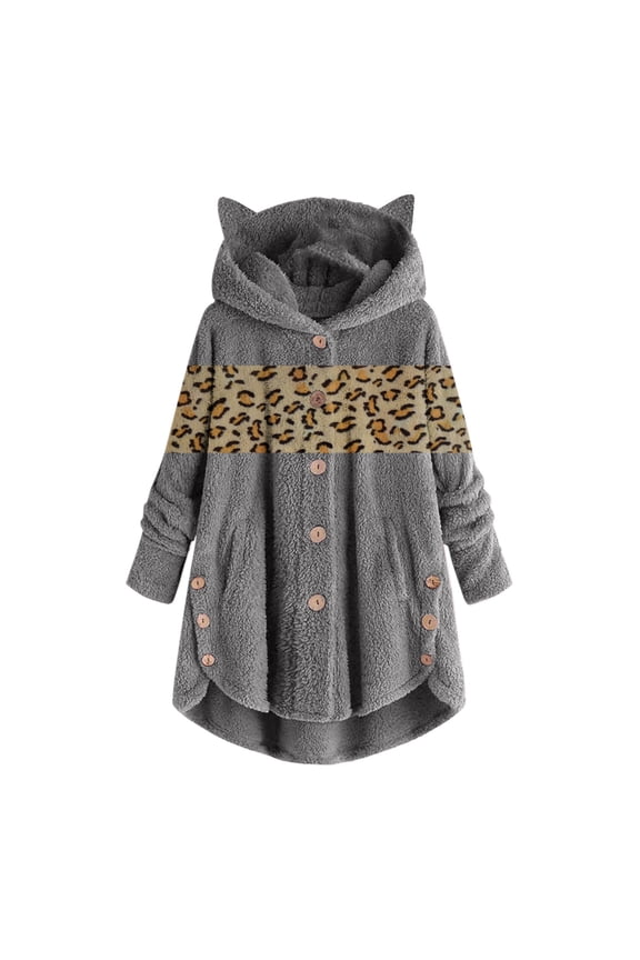 Ear Hooded Fleece Jacket Women Leopard Print Button Coat Long Sleeve Pocket Casual Jacket Front Short Back Long Jacket