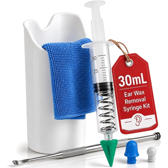 Ear Irrigation Syringe with Flushing Basin: Spring-Powered Self-Refilling 30mL Water Ears Cleaner Syringe with 3 Silicone Tips for 360 Cleaning, Ears Irrigation Kit, Ear Wax Removal Kit for Adults