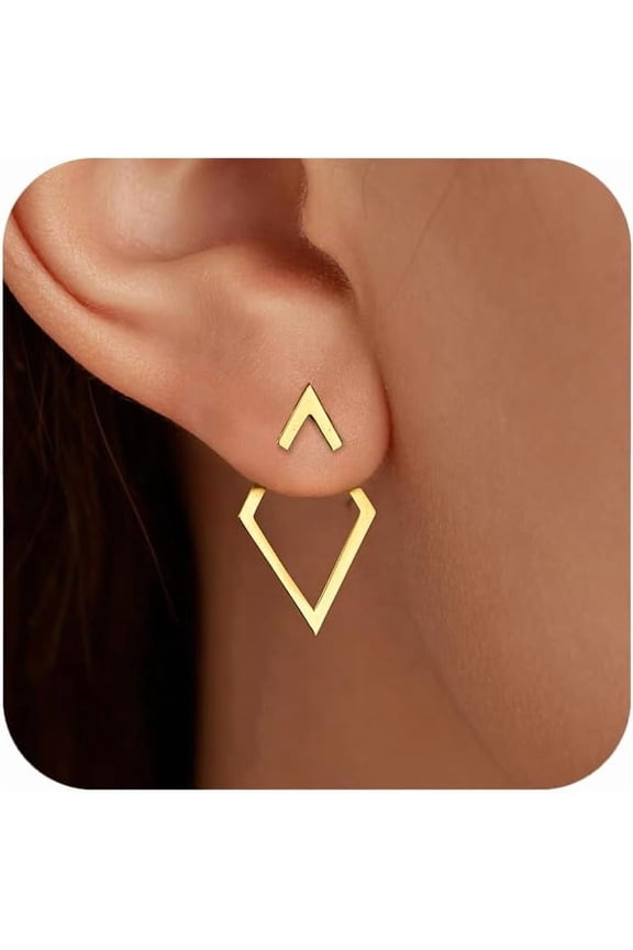 Ear Jacket Earrings 925 Sterling Silver Geometric Stud Earring for Women 14K Gold Plated Minimalist V Jacket Earring Jewellery Birthday Christmas Gifts to Daughter Sister