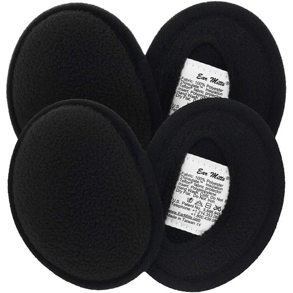 Ear Mitts Fleece Bandless Winter Ear Muffs For Men and Women, Black, Regular, 2 Pack