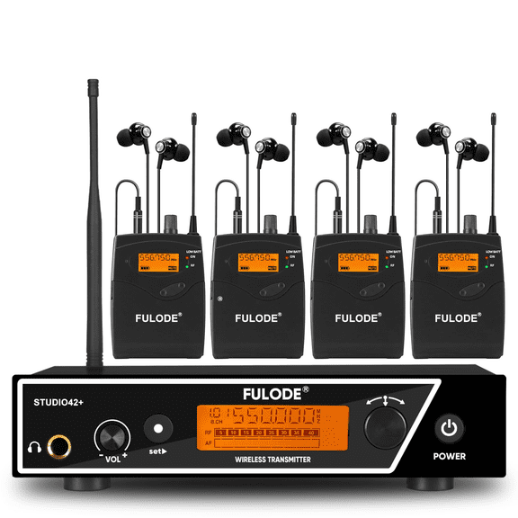 in Ear Monitor System, UHF Wireless Mono IEM with Metal Rackmount Transmitter, 4 Bodypack Receivers & in-Ear Monitoring Headphones, 100 Frequencies, 262ft Range for Musicians, Singers, Stage