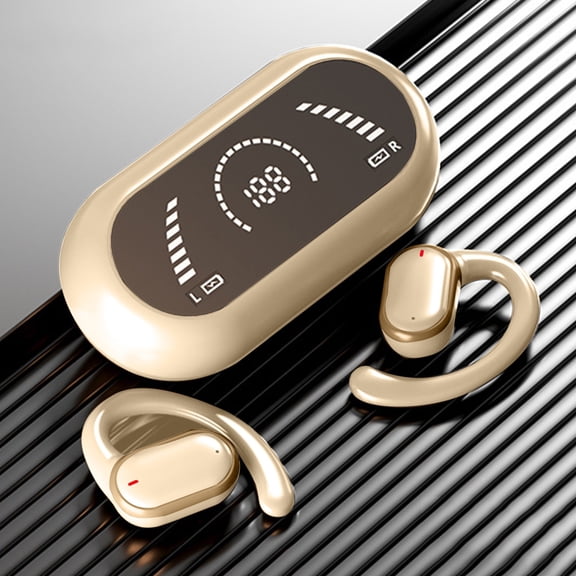 Ear Mounted Non In Ear Bluetooth 5.3 Wireless Earphones, Intelligent Digital Display Directional Sound Transmission, Long Battery Life 80H HIFI Sound Open Ear Headphones for Sports Work, Beige