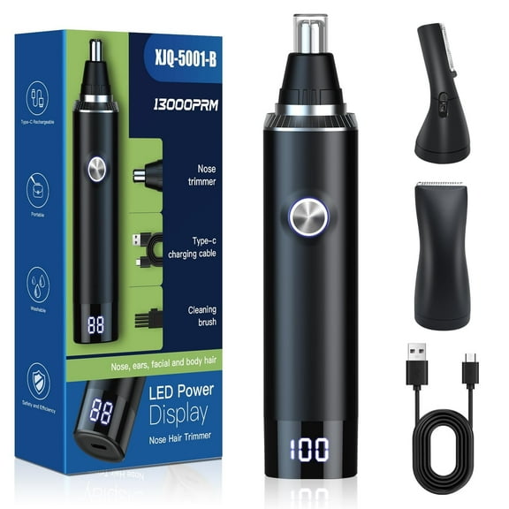 Rechargeable Nose and Ear Hair Trimmer for Men, Professional Painless USB Rechargeable Eyebrow & Facial Hair Trimmer with Powerful Motor and Dual-Edge Blades, IPX7 Waterproof