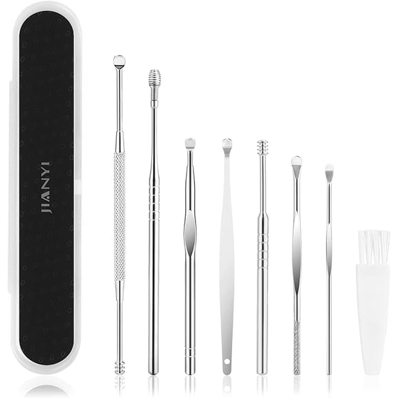 Ear Pick Ear Wax Removal Kit, Ear Cleansing Tool Set, 7PCS Ear Curette Ear Wax Removal Tool Clear with a Storage Box and Cleaning Brush (Silver) (PACK OF 3 UNITS)