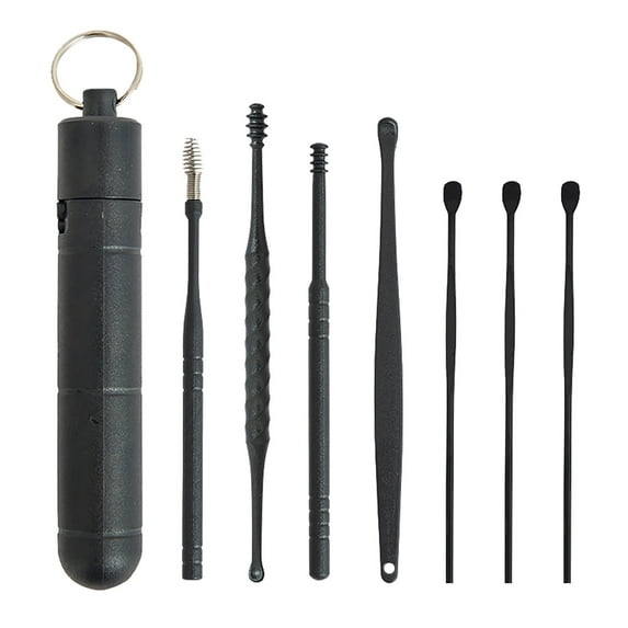 Ear Pick Set 7-Piece, Black, 1 Setinnovative Spring Ear Wax Cleaner Tool Set,Stainless Steel Ear Cleansing Tool,Ear Curette Earwax Removal Kit with Storage Box, Easter Mother'S Day Makeup Organizers