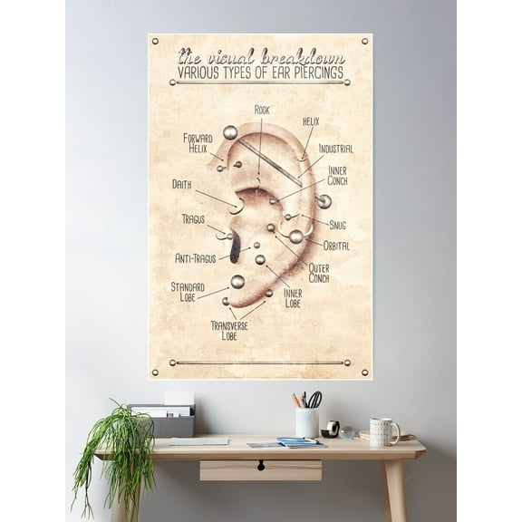 Ear Piercing Chart, Vintage Grunge Poster Wall Art, Modern Wall Decor For Living Room Bedroom, 12x18 UNFRAMED