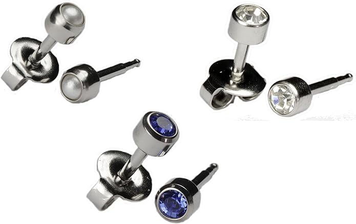 Ear Piercing Earrings Silver 3 Pairs of 4mm Stainless Steel with Gem 16ga Thick Post Studex Studs Hypoallergenic