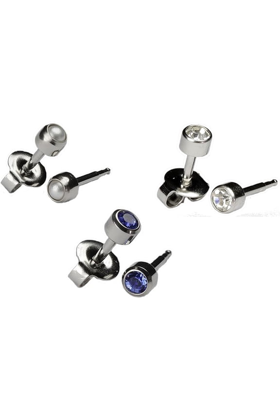 Ear Piercing Earrings Silver 3 Pairs of 4mm Stainless Steel with Gem 16ga Thick Post Studex Studs Hypoallergenic