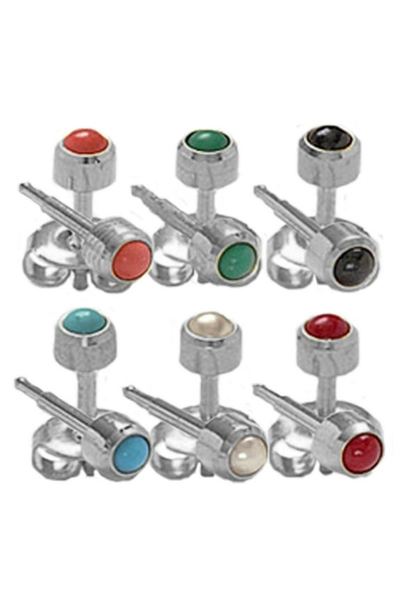 Ear Piercing Earrings Silver 6 Pairs Of 3 mm Colored Pearl 16ga Stainless Steel Studex Studs