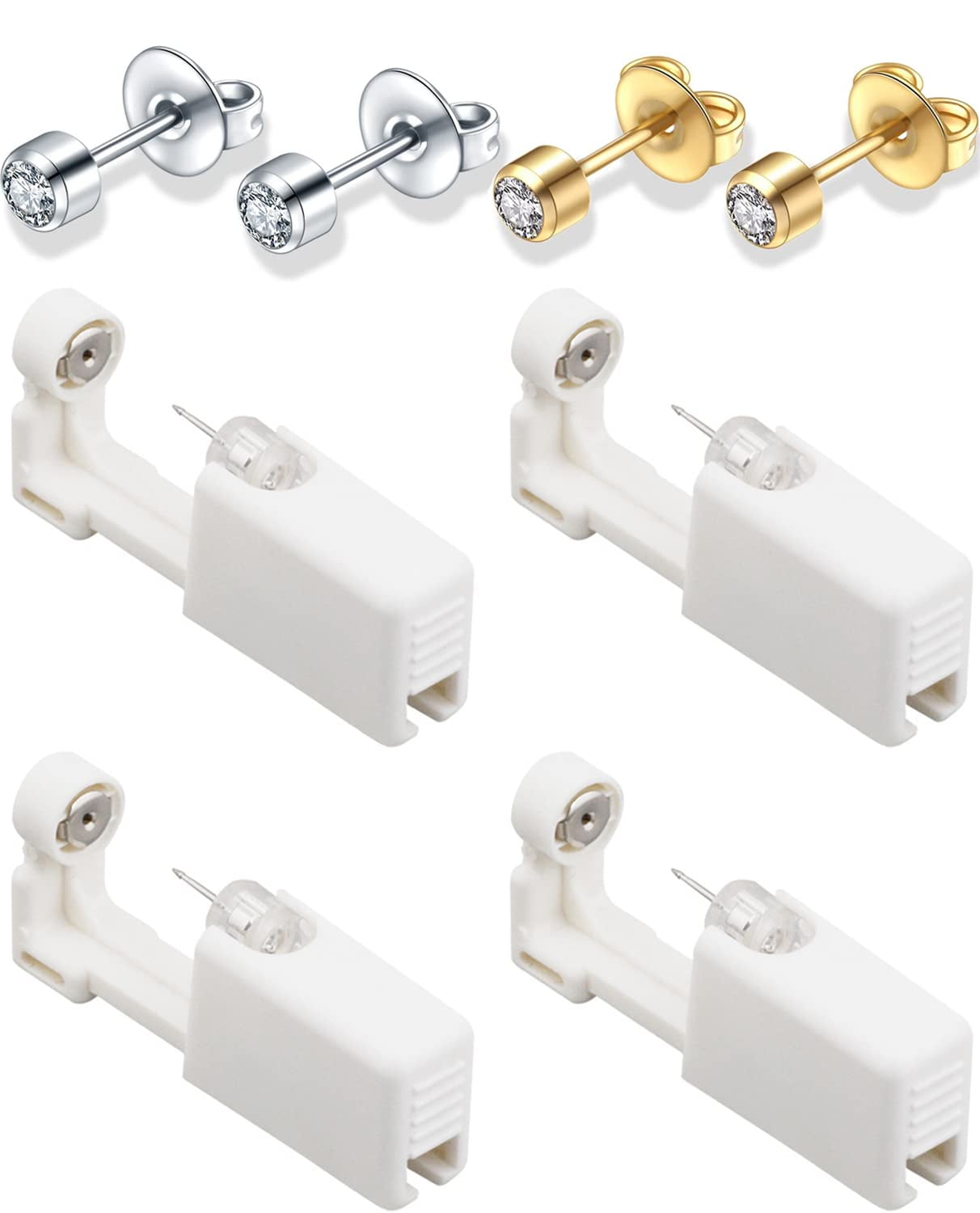 Ear Piercing Kit, 4 Pack Self Ear Piercing Gun, Disposable Self Body Piercing Kit with Earring Studs Ear Piercing Needle Kit for Salon Home (White-Gold)