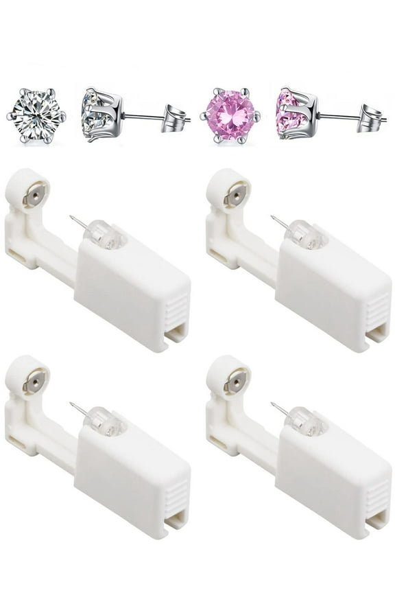 Ear Piercing Kit, 4 Pack Self Ear Piercing Gun, Disposable Self Body Piercing Kit with Earring Studs Ear Piercing Needle Kit for Salon Home (White-Pink)