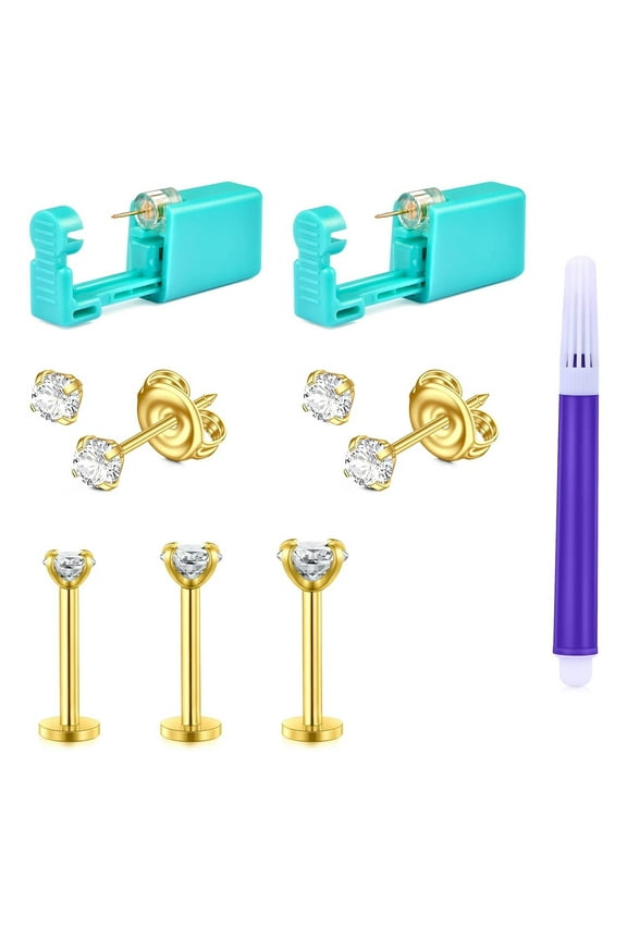 Ear Piercing Kit-Disposable Safety Gold Self Ear Piercing Gun Kit with 20G CZ Crystal Surgical Steel Cartilage Tragus Helix Monroe Earrings Jewelry