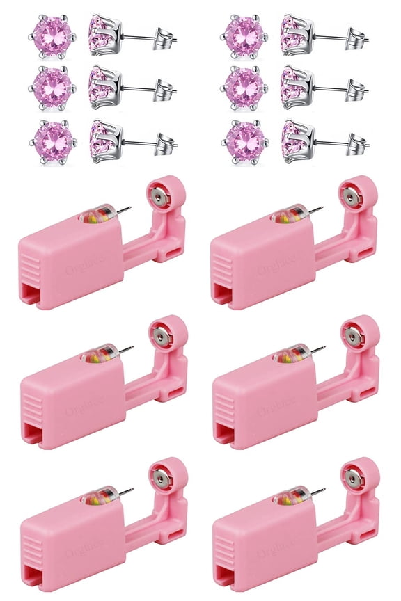 Ear Piercing Kits,Body Piercing Kits,6 Pack Disposable Self Ear Piercing Gun Tool with 5mm Cubic Zirconia Stud Earrings (Pink)