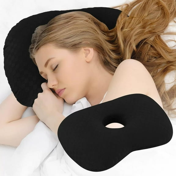 Ear Piercing Pillow with Center Hole for Side Sleepers, Adjustable Filling Donut Pillow for Pressure Relief, Washable Polyester Pillowcase for Travel and Recovery(Black)