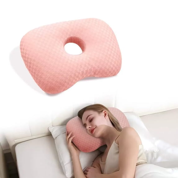 Ear Piercing Pillow, Donut Pillow, Multipurpose Ear Pillow with Central Hole for Pain Relief and Side Sleeping, 44x32x5cm Polyester Fill for Travel Home Bedroom Use, Pressure Relief Pillow, Pink