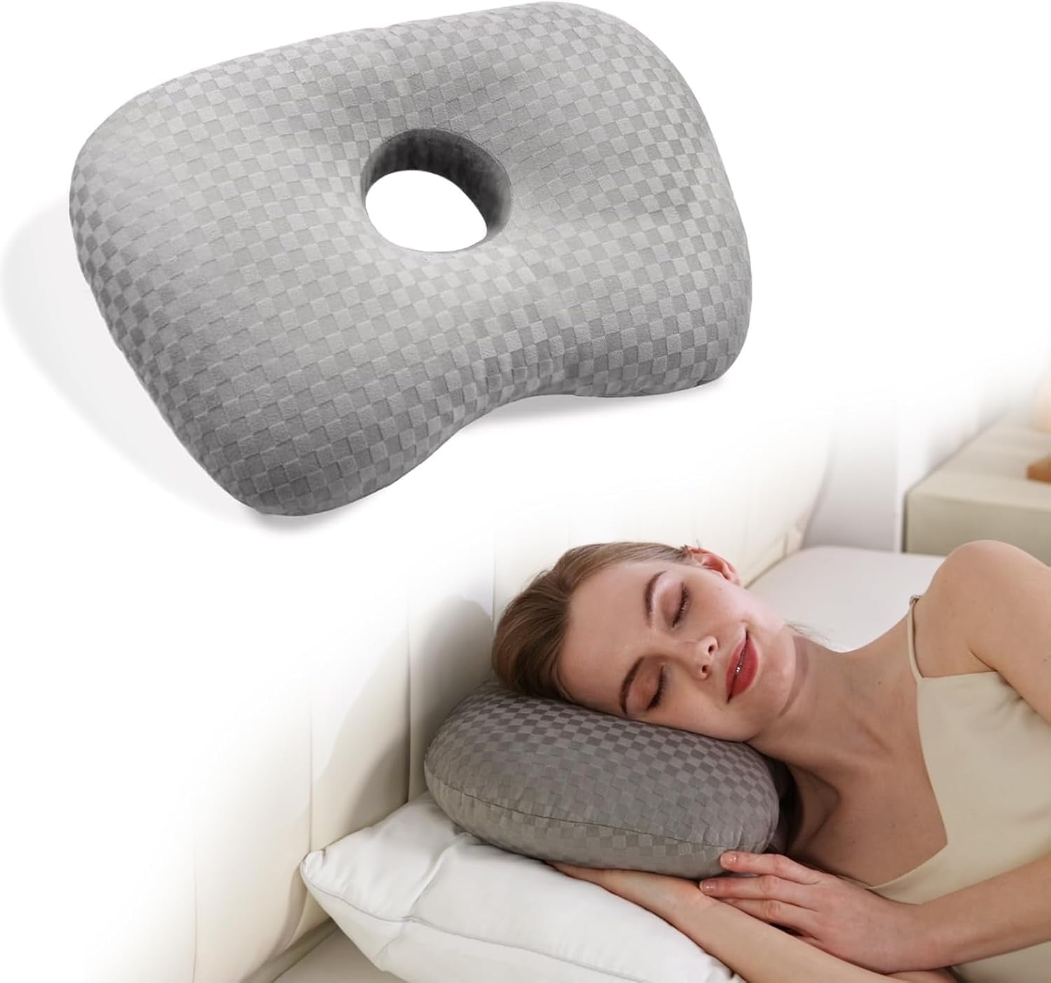Ear Piercing Pillow with an Ear Hole, Cotton and Polyester Side Sleeping Pillow for CNH and Ear Pain Ear Inflammation Pressure Sores for Side Sleepers, Ear Guard Pillow (Light Grey)