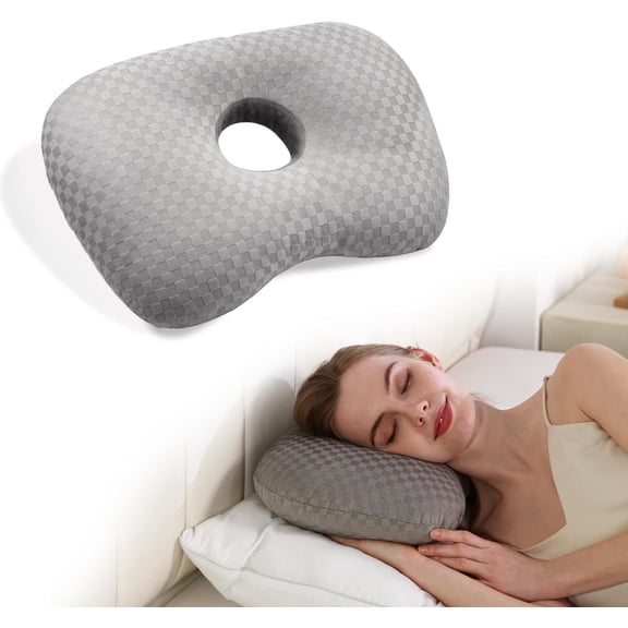 Ear Piercing Pillow with an Ear Hole, Cotton and Polyester Side Sleeping Pillow for CNH and Ear Pain Ear Inflammation Pressure Sores for Side Sleepers, Ear Guard Pillow (Light Grey)