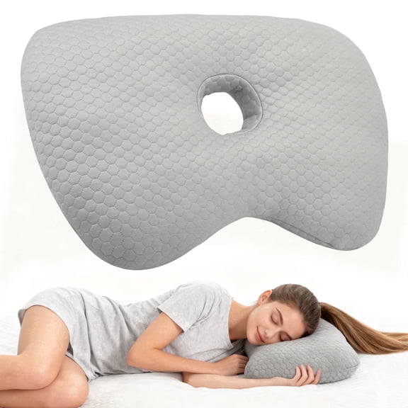 YTAKY Ear Piercing Pillow, Side Sleeper Ear Guard Pillow with Hole for CNH Ear Pain, Adjustable Washable Cotton Polyester Pressure Relief Pillow, Gray