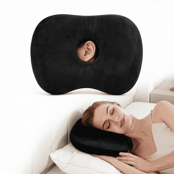 Pozico Standard Ear Piercing Pillow for Side Sleepers, 1 Pack Soft Checkered Ear Hole Cushion, Adjustable Support with 3.5 in Ear Hole, Washable Removable Cover, black