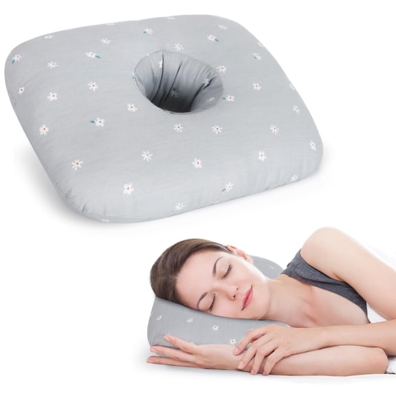 RoamReady Ear Piercing Pillow for Side Sleepers, Ear Pillow with Hole, CNH Ear Pressure Relief Cushion, Cotton Earring Pillow, Gray White Flowers