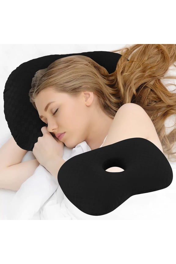 Ear Piercing Pillow for Side Sleepers, Black Polyester Ear Donut Pressure Relief, Travel Home Bedroom Comfort Solution, Holiday Gift for Piercing Aftercare and Restful Sleep, AESTIVO