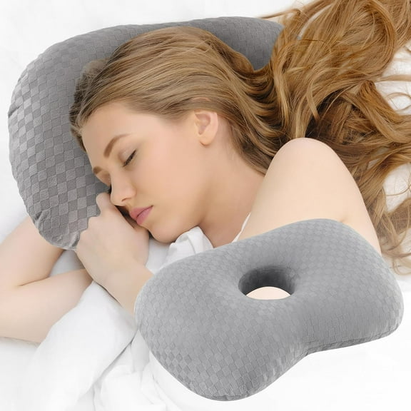 Ear Piercing Pillow with an Hole, Cotton and Polyester Side Sleeping for CNH Pain Inflammation Pressure Sores Sleepers, Guard (Light Grey)