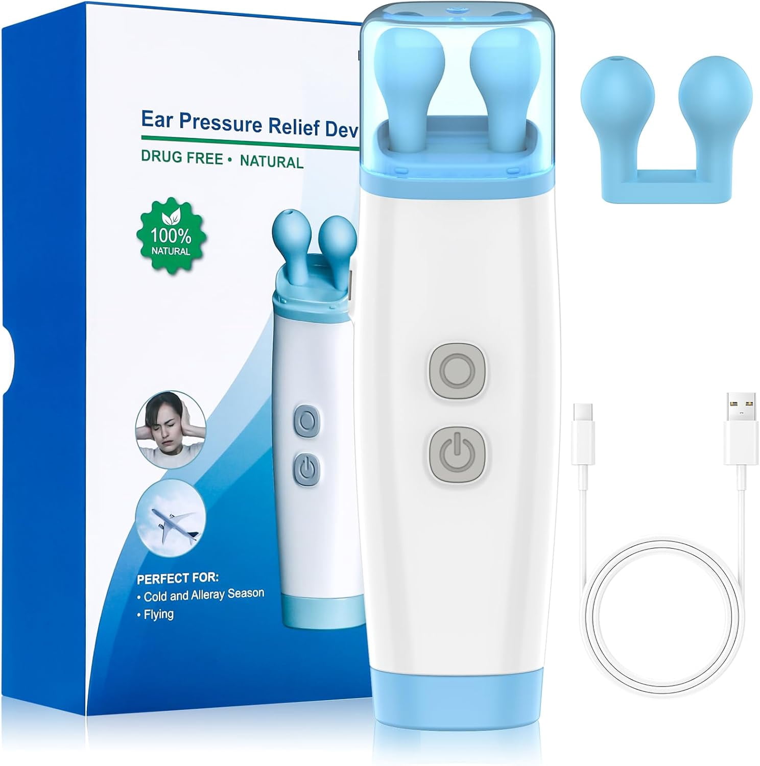 Ear Pressure Relief Device - Eustachian Tube Unclogger For Airplane Travel, Diving, Swimming - Manual & Auto Modes, USB-C Rechargeable