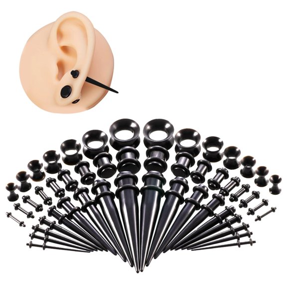 Ear Sheath-50 Pieces Ear Stretching Kit Acrylic Tapers and Plugs + Silicone Tunnels Ear Gauges Expander Set Body Piercing Jewelry, Black Ear Expander for Ear Hole Expansion, Acrylicback to School