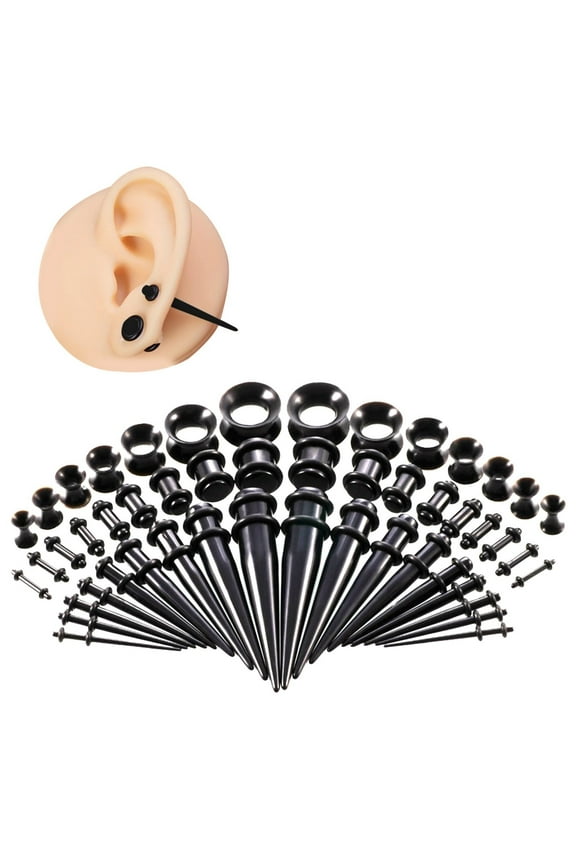 Ear Sheath-50 Pieces Ear Stretching Kit Acrylic Tapers and Plugs + Silicone Tunnels Ear Gauges Expander Set Body Piercing Jewelry, Black Ear Expander for Ear Hole Expansion, Acrylicback to School