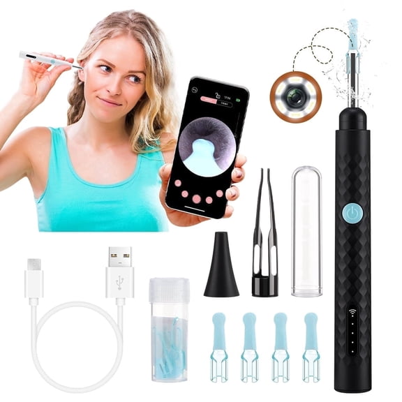 Camera Earwax Cleaner, Ear Wax Removal, Ear Scope Otoscope with Light, Earwax Remover with Camera with 6 Led Light, 4 Ear Pick, 130mAh Battery for iPhone, iPad, Android Phones (Black)