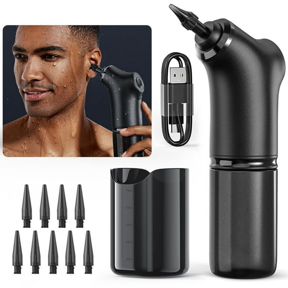Ear Wax Removal,Ear Cleaner Electric Ear Cleaning Kit Ear Wash Cleane with 9 x 1 Hole Nozzles,1 x 5 Hole Nozzle Graduated Water Basin,4 Water Levels Black