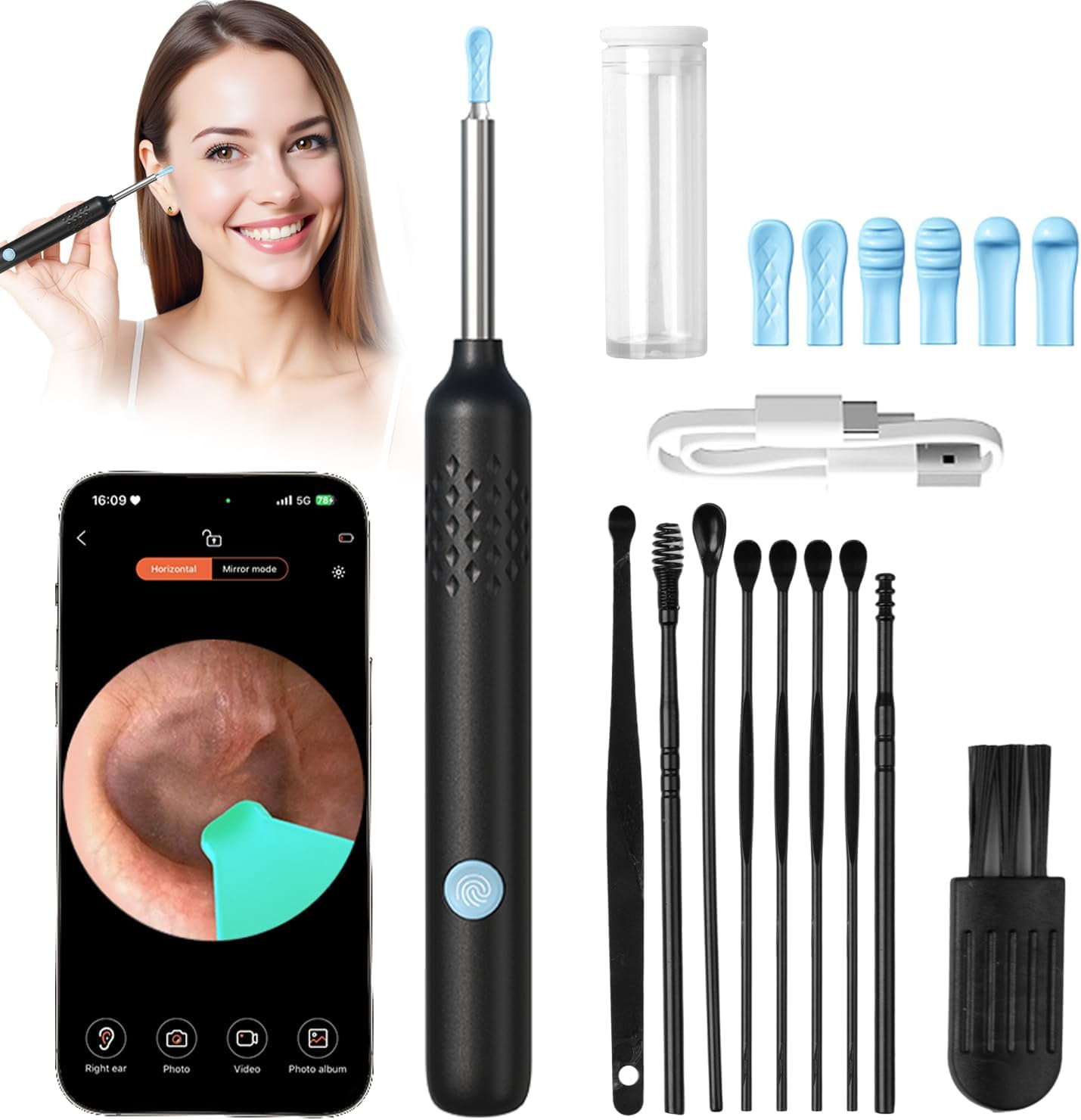 Ear Wax Removal - Earwax Remover Tool with 8 Pcs Ear Set - Ear Canal Cleaner with 1080P Camera - FSA HSA Eligible - Ear Cleaning Kit with 6 Ear Spoon - Ear Camera for iOS & Android (Midnight Blue)