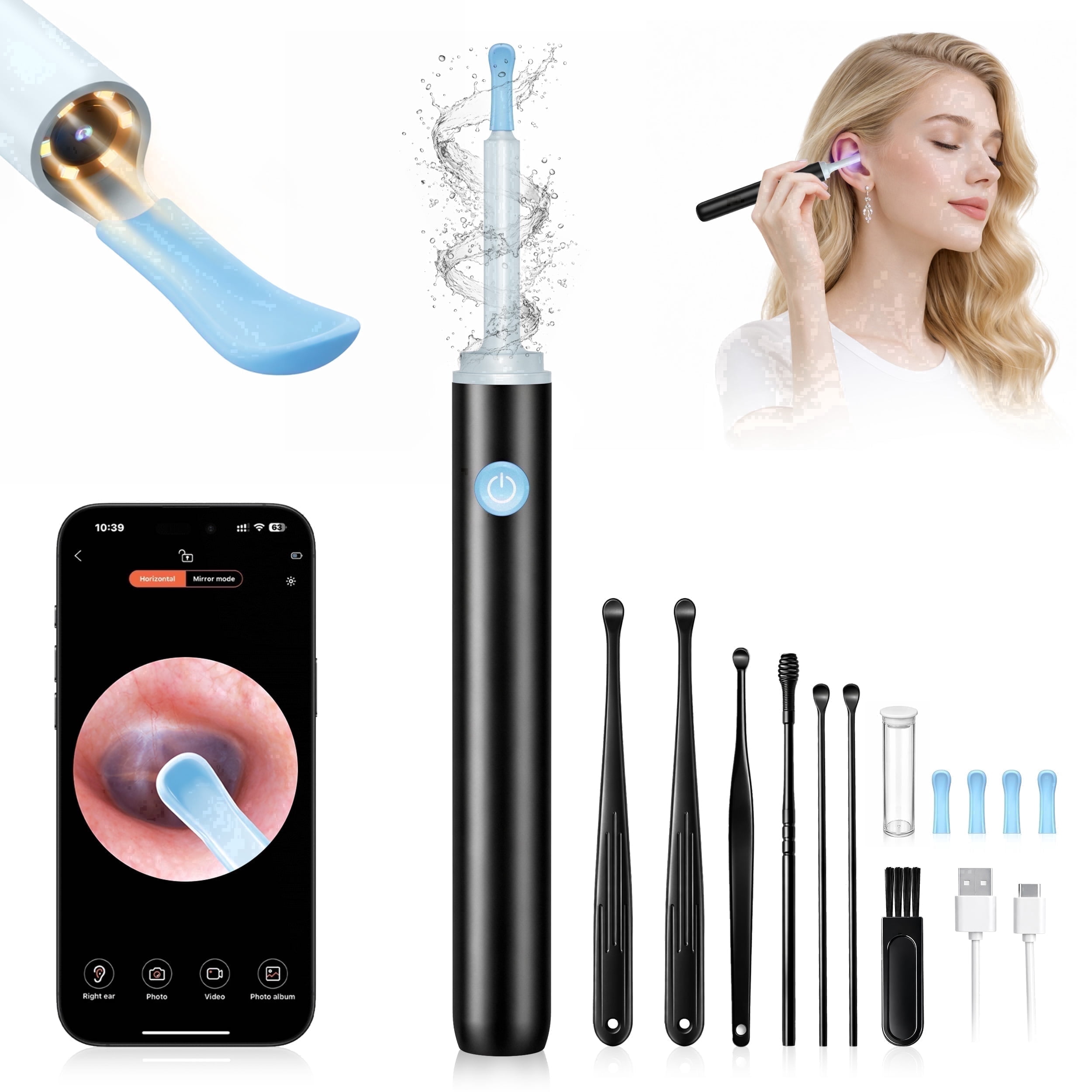 VIISHARE Ear Wax Removal Kit with 1080P HD Camera, Ear Cleaner Tool for iOS & Android, Safe Wax Remove Ear Pick with Lights,Ear Spoon, WiFi Connected - Black