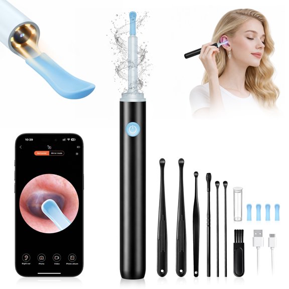 VIISHARE Ear Wax Removal Kit with 1080P HD Camera, Ear Cleaner Tool for iOS & Android, Safe Wax Remove Ear Pick with Lights, 8 Ear Spoon, WiFi Connected - Black