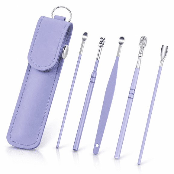 Ear Wax Removal Kit,Professional Double-Headed Ear Pick Earwax Removal Tools,Ear Cleaner Earwax Removal Tool with Portable Keychain PU Leather Case