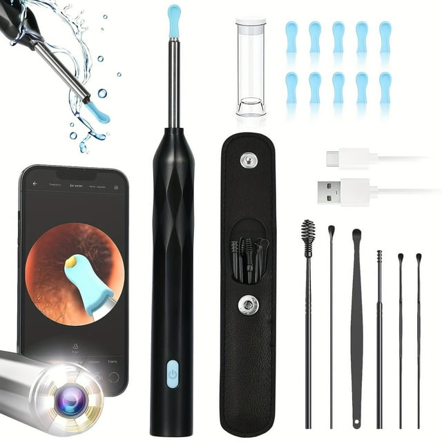 Ear Wax Removal Tool Camera, 800W Smart Visual Ear Cleaner 10 Ear Spoon WiFi Ear Camera For IPhone For IPad For Android Ear Wax Removal Kit For Ear Cleaning, Black