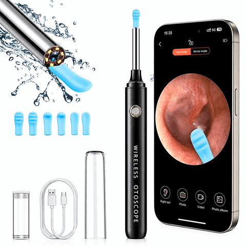 Ear Wax Removal Tool Camera - Wireless Ear Cleaner with Camera - 1080P Otoscope with 6 Ear Spoon - Ear Ear Cleaning Kit for iPhone & Android Phones (Black)