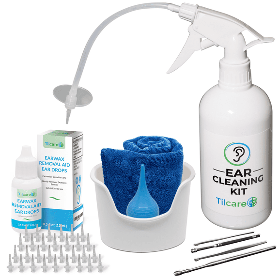 Ear Wax Removal Tool with Earwax Removal Drops by Tilcare - Ear Cleaning Irrigation System - Perfect Ear Cleaning Kit - Includes Drops, Towel, Basin, Syringe, Curette Kit and 30 Disposable Tips