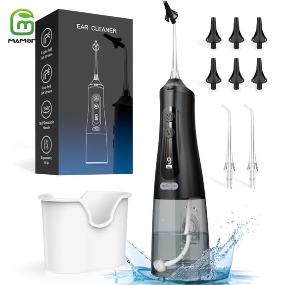 Ear Wax Removal Tool, Water Powered Ear Cleaner with 9 Pressure Settings, 6 Reusable 3 & 5 Hole Tips, Ear Cleaning Kit Safe and Effective to Clean Build-up Earwax
