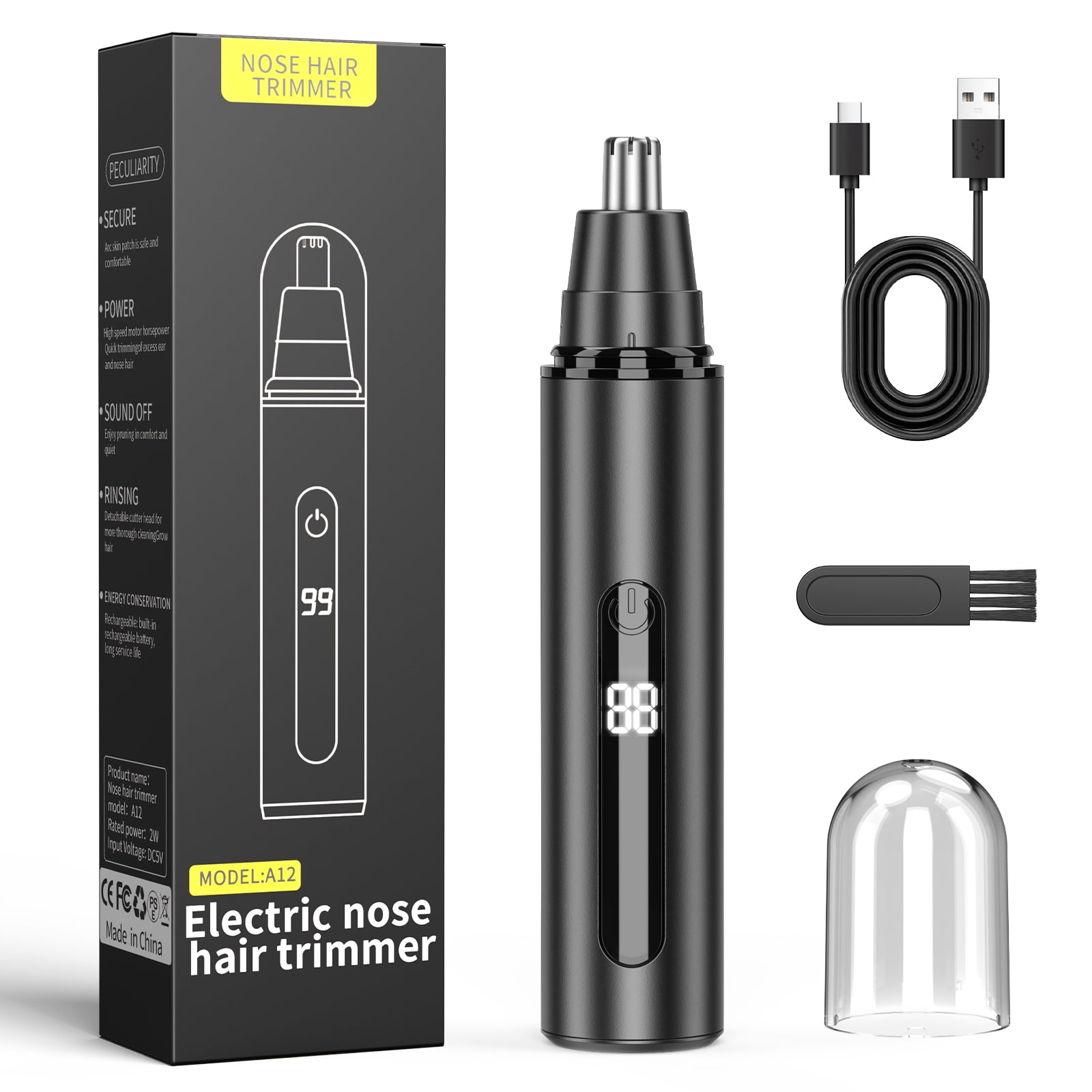 Nose Hair Trimmer for Men Rechargeable, Electric Nose and Ear Hair Trimmer, Professional Nose Clipper, LED Display, Waterproof, Portable Travel Size, Painless, Black